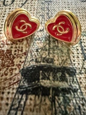 Chanel Red Heart Logo Stud Earrings
